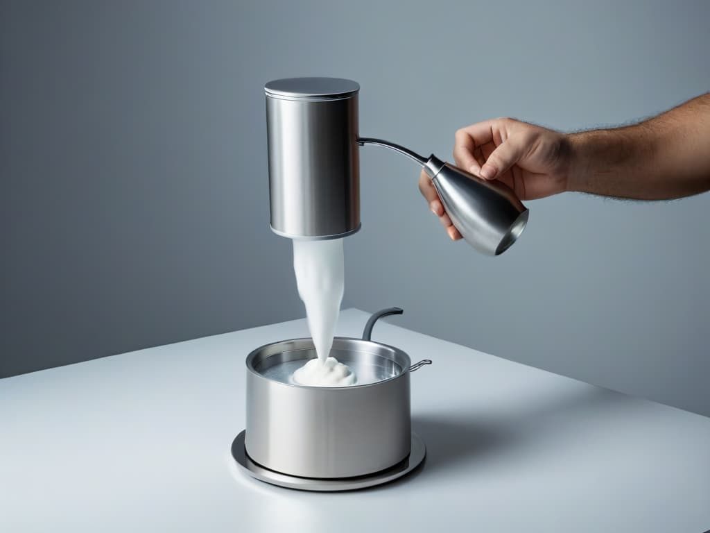  A closeup, ultradetailed image of a sleek, silver siphon for whipped cream, perfectly lit to highlight its minimalist design with clean lines and a polished finish. The focus is on the elegant simplicity of the tool, showcasing its potential to elevate dessertmaking processes. hyperrealistic, full body, detailed clothing, highly detailed, cinematic lighting, stunningly beautiful, intricate, sharp focus, f/1. 8, 85mm, (centered image composition), (professionally color graded), ((bright soft diffused light)), volumetric fog, trending on instagram, trending on tumblr, HDR 4K, 8K