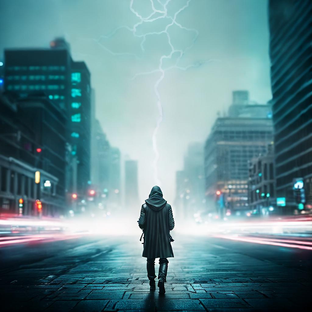  Hooded man in hand takes off bio drone broken city night thunderstorms ,highly detailed, cinematic lighting, stunningly beautiful, intricate, sharp focus, f1. 8, 85mm, (centered image composition), (professionally color graded), ((bright soft diffused light)), volumetric fog, trending on instagram, trending on tumblr, HDR 4K, 8K