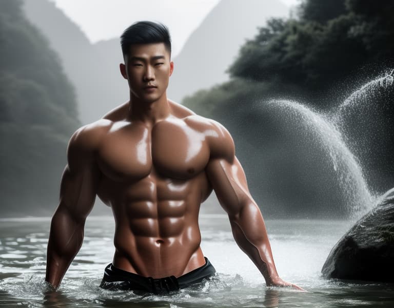  muscle, Chinese beautiful boy, taking a shower in river， body，chest hair hyperrealistic, full body, detailed clothing, highly detailed, cinematic lighting, stunningly beautiful, intricate, sharp focus, f/1. 8, 85mm, (centered image composition), (professionally color graded), ((bright soft diffused light)), volumetric fog, trending on instagram, trending on tumblr, HDR 4K, 8K