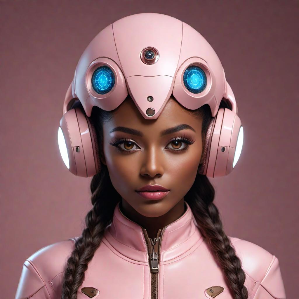  A digital art piece of a small person with brown skin and big brown eyes. They have a neuralink device visibly integrated somewhere on their head. The individual is dressed all in pink, with the outfit reflecting a stylish and modern fashion sense. The image should have a futuristic feel to it, representing the advanced technology of neuralink, but also maintain a sense of elegance and beauty. hyperrealistic, full body, detailed clothing, highly detailed, cinematic lighting, stunningly beautiful, intricate, sharp focus, f/1. 8, 85mm, (centered image composition), (professionally color graded), ((bright soft diffused light)), volumetric fog, trending on instagram, trending on tumblr, HDR 4K, 8K