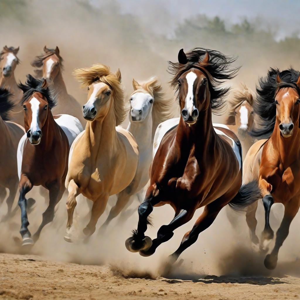  masterpiece, best quality,Draw a picture of eight horses running. Each of the eight horses has a different action expression.