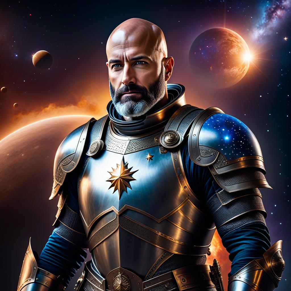  space themed Bald and bearded man in knight armor, without a helmet. . cosmic, celestial, stars, galaxies, nebulas, planets, science fiction, highly detailed hyperrealistic, full body, detailed clothing, highly detailed, cinematic lighting, stunningly beautiful, intricate, sharp focus, f/1. 8, 85mm, (centered image composition), (professionally color graded), ((bright soft diffused light)), volumetric fog, trending on instagram, trending on tumblr, HDR 4K, 8K