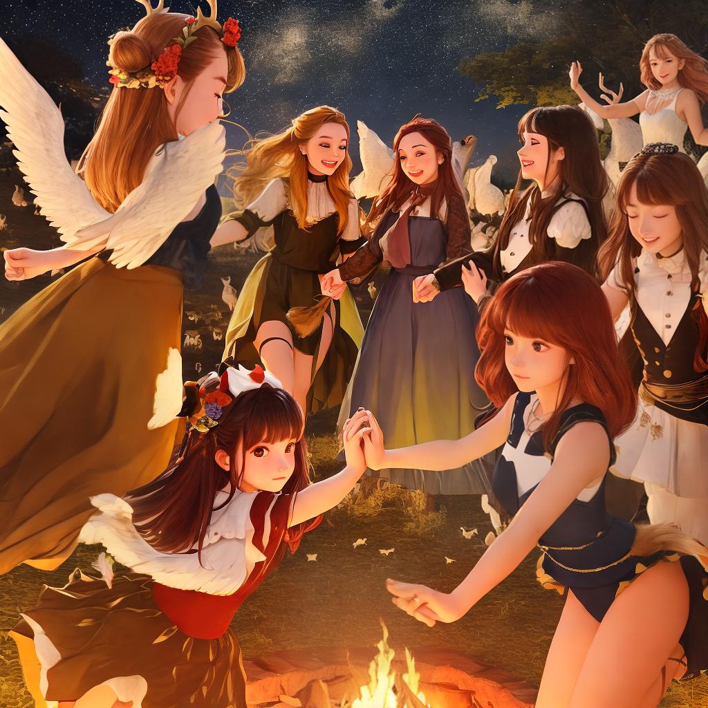  masterpiece, best quality, beautiful young women dance around a bonfire, all have long hair, red hair and one has brown hair, the other has hair, holding hands as they leap and dance, sisterly love, there are deer, peacocks, lambs, rabbits watching as angels fly above in the night sky