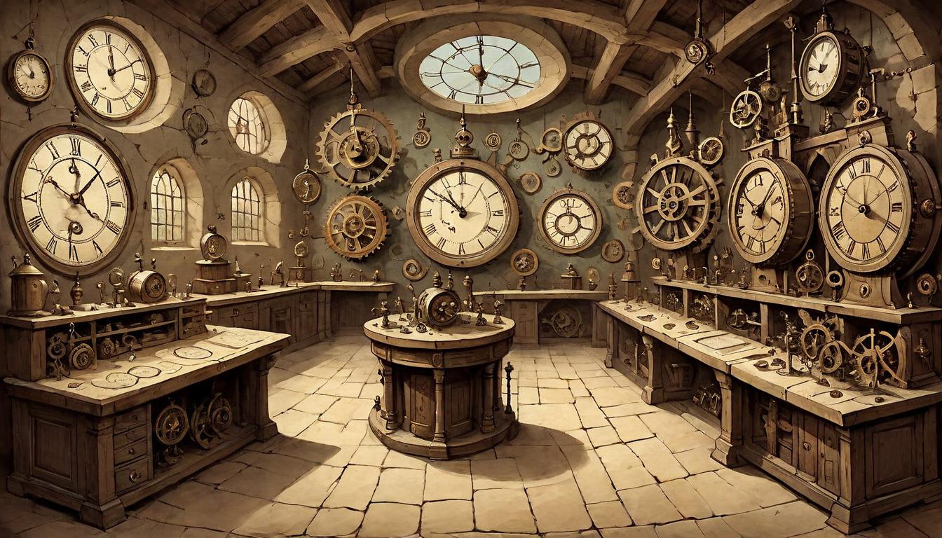  on parchment, surrealism+++, A timekeeper’s workshop, walls lined with spinning clocks and gears, central figure effortlessly managing them, meticulous, efficient, commanding(mysterious, provocative, symbolic,muted color)+++