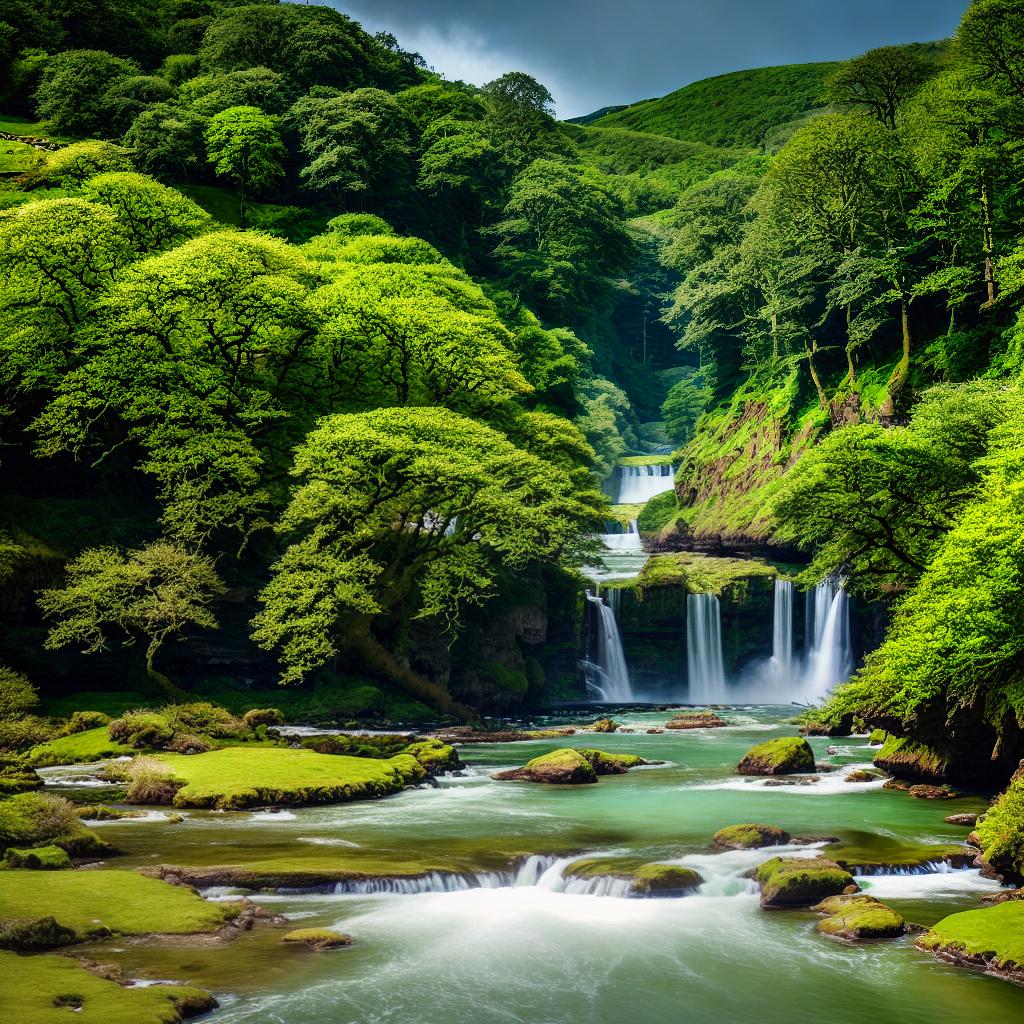  A breathtaking landscape masterpiece, showcasing the best quality and ultra-detailed 8k resolution. The scene features a serene countryside with rolling hills, ((a majestic waterfall)) cascading down into a crystal-clear river. The vibrant colors of blooming wildflowers ((surround)) the riverbanks, creating a picturesque view. The sunlight ((filters through)) the dense forest trees, casting a mesmerizing play of light and shadow on the landscape. hyperrealistic, full body, detailed clothing, highly detailed, cinematic lighting, stunningly beautiful, intricate, sharp focus, f/1. 8, 85mm, (centered image composition), (professionally color graded), ((bright soft diffused light)), volumetric fog, trending on instagram, trending on tumblr, HDR 4K, 8K