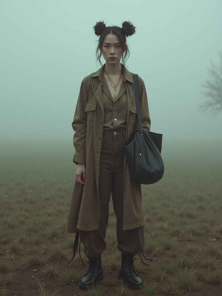  this editorial photography features a non binary senior with brunette hair styled in double buns. they are dressed in a bohemian outfit, complemented by combat boots and a tote bag as an accessory. the photo is captured using a leica sl2, known for its premium build and quality output, with a prime 35mm f/1.8 lens. the film used is cinestill 800t to enhance the foggy lighting ambiance, creating an intriguing visual texture.