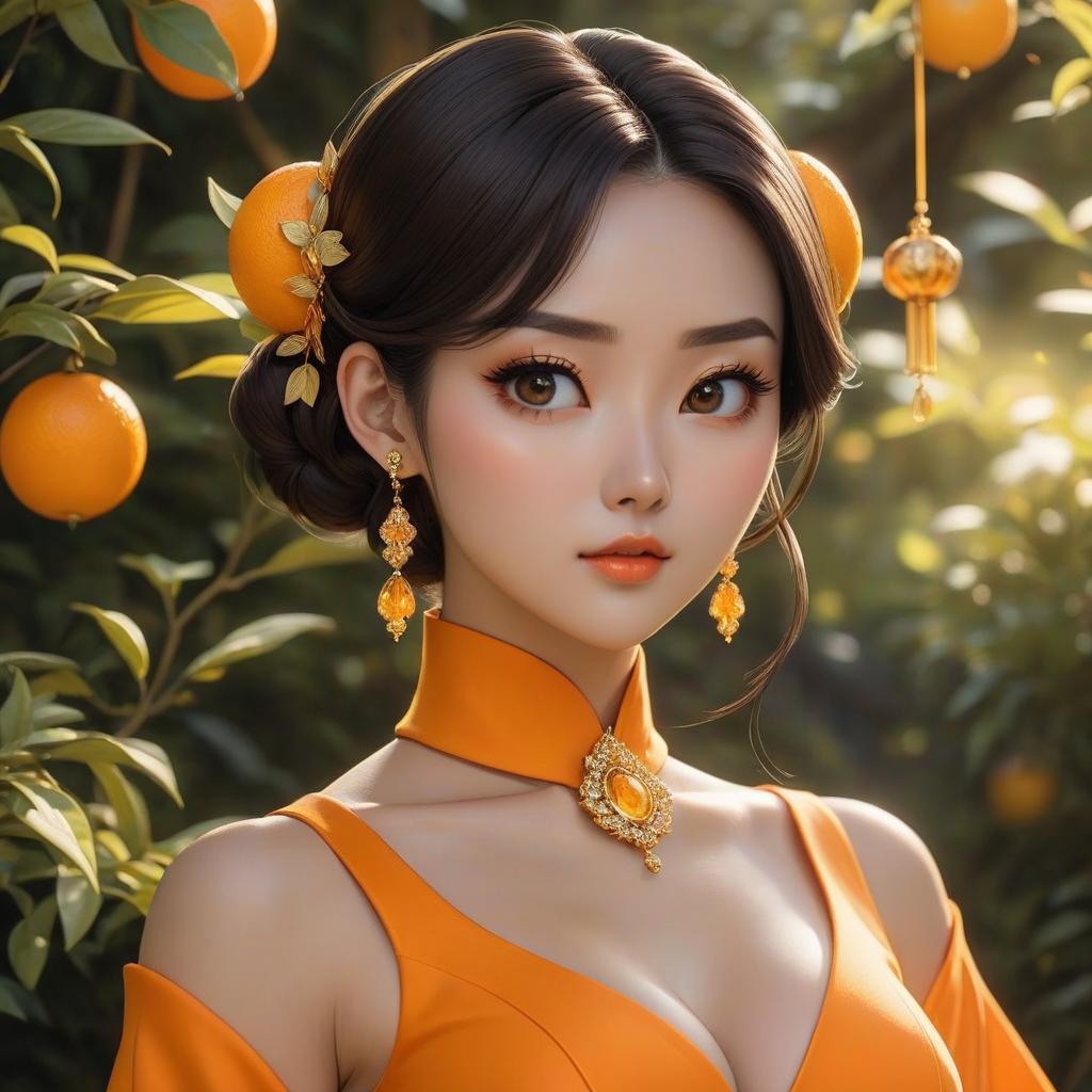  A cartoon girl in an orange costume with gold jewelry, in the style of miho hirano, light yellow and dark brown, close up, traditional costumes, childlike simplicity, comic art, tondo hyperrealistic, full body, detailed clothing, highly detailed, cinematic lighting, stunningly beautiful, intricate, sharp focus, f/1. 8, 85mm, (centered image composition), (professionally color graded), ((bright soft diffused light)), volumetric fog, trending on instagram, trending on tumblr, HDR 4K, 8K