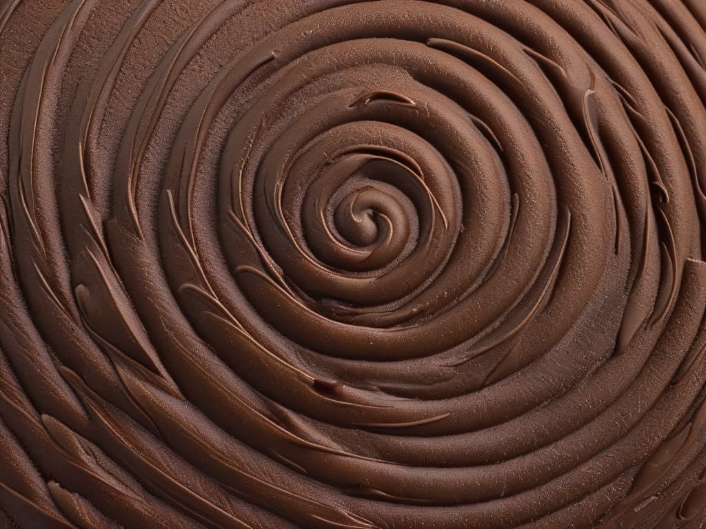  A closeup, ultradetailed image of a glossy, perfectly tempered chocolate swirl, showcasing intricate and delicate patterns formed by expert chocolatiers. The rich, dark chocolate is set against a stark white background, emphasizing its smooth texture and the precise temperature control required to achieve such a flawless finish. hyperrealistic, full body, detailed clothing, highly detailed, cinematic lighting, stunningly beautiful, intricate, sharp focus, f/1. 8, 85mm, (centered image composition), (professionally color graded), ((bright soft diffused light)), volumetric fog, trending on instagram, trending on tumblr, HDR 4K, 8K