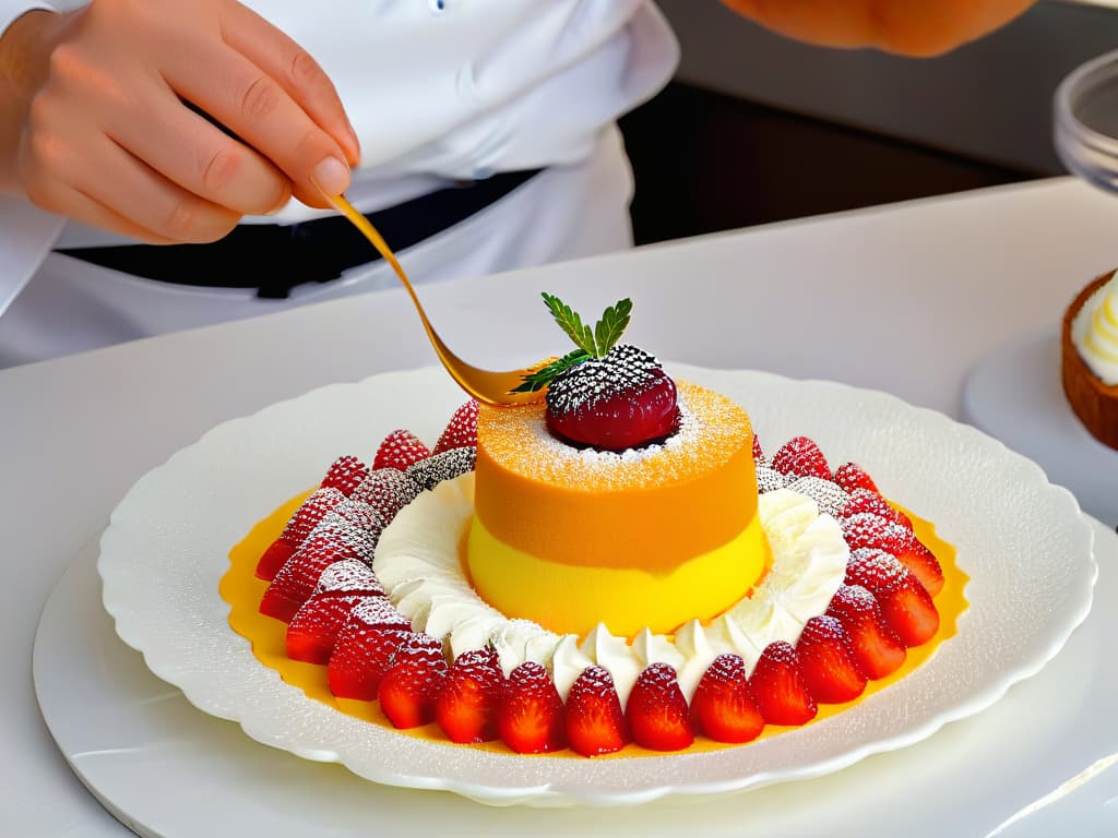  A closeup, ultradetailed image of a chef delicately applying microsponges onto a beautifully crafted dessert. The focus is on the intricate texture and precision of the application process, showcasing the artistry and skill involved in using this advanced technique to elevate the visual appeal of desserts. The colors are vibrant, highlighting the contrast between the dessert and the white table setting, creating a visually striking and captivating scene that embodies the essence of advanced dessert texturizing techniques. hyperrealistic, full body, detailed clothing, highly detailed, cinematic lighting, stunningly beautiful, intricate, sharp focus, f/1. 8, 85mm, (centered image composition), (professionally color graded), ((bright soft diffused light)), volumetric fog, trending on instagram, trending on tumblr, HDR 4K, 8K