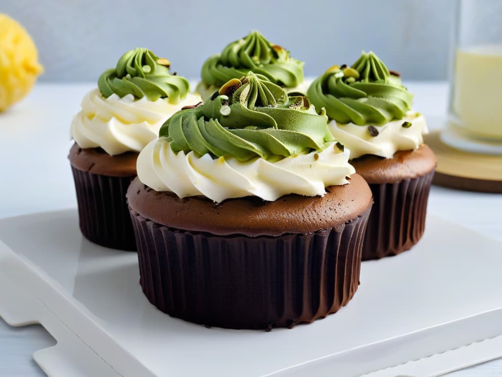  An ultradetailed image of a perfectly swirled vegan chocolate ganache frosting on a vanilla cupcake, showcasing the glossy finish and intricate swirls of the frosting, with a sprinkling of crushed pistachios on top adding a touch of elegance and texture. hyperrealistic, full body, detailed clothing, highly detailed, cinematic lighting, stunningly beautiful, intricate, sharp focus, f/1. 8, 85mm, (centered image composition), (professionally color graded), ((bright soft diffused light)), volumetric fog, trending on instagram, trending on tumblr, HDR 4K, 8K