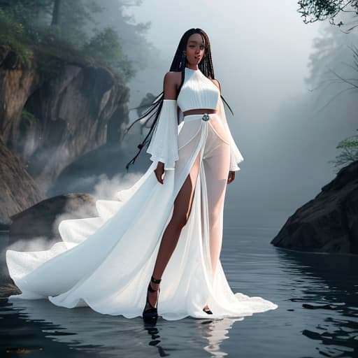  picture of a black with dreadlocks. small eyes,glossy lips.white top. black . standing in a lake. Beautiful detailed face, full body view hyperrealistic, full body, detailed clothing, highly detailed, cinematic lighting, stunningly beautiful, intricate, sharp focus, f/1. 8, 85mm, (centered image composition), (professionally color graded), ((bright soft diffused light)), volumetric fog, trending on instagram, trending on tumblr, HDR 4K, 8K