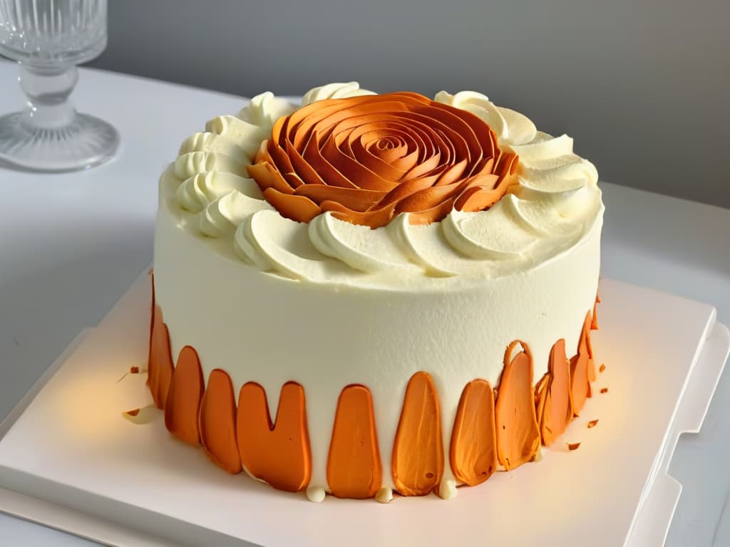  An ultradetailed closeup image of a freshly baked carrot cake, showing the intricate layers of moist cake, creamy frosting, and vibrant shreds of carrot on top. The lighting is soft, emphasizing the texture of the cake and the delicate swirls of frosting, all set on a simple, elegant white plate. hyperrealistic, full body, detailed clothing, highly detailed, cinematic lighting, stunningly beautiful, intricate, sharp focus, f/1. 8, 85mm, (centered image composition), (professionally color graded), ((bright soft diffused light)), volumetric fog, trending on instagram, trending on tumblr, HDR 4K, 8K