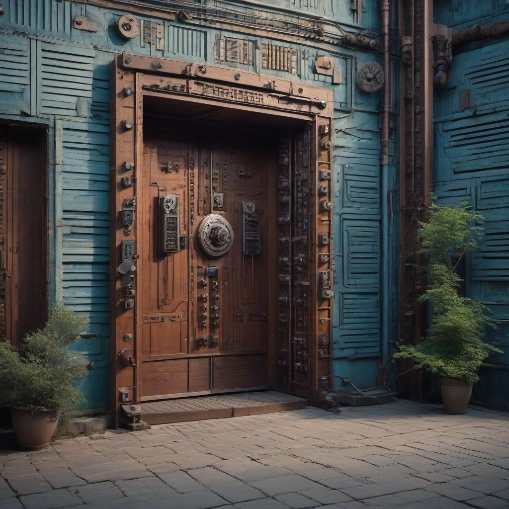  cybernetic style Outside, a closed wooden door with 12 coded locks is depicted, at a film studio, in Soviet style. . futuristic, technological, cybernetic enhancements, robotics, artificial intelligence themes hyperrealistic, full body, detailed clothing, highly detailed, cinematic lighting, stunningly beautiful, intricate, sharp focus, f/1. 8, 85mm, (centered image composition), (professionally color graded), ((bright soft diffused light)), volumetric fog, trending on instagram, trending on tumblr, HDR 4K, 8K