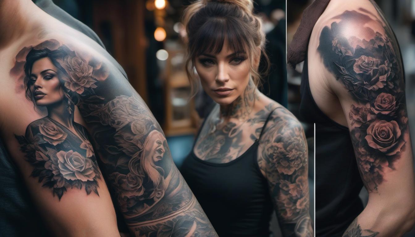  A man's portrait drawn as a tattoo on a woman's body. hyperrealistic, full body, detailed clothing, highly detailed, cinematic lighting, stunningly beautiful, intricate, sharp focus, f/1. 8, 85mm, (centered image composition), (professionally color graded), ((bright soft diffused light)), volumetric fog, trending on instagram, trending on tumblr, HDR 4K, 8K