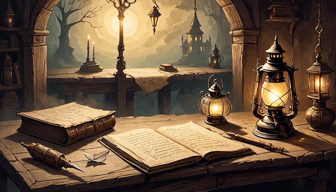  on parchment, surrealism+++, A journal open on a wooden table, a quill resting beside it, the glow of a lantern casting soft light, reflection, self dialogue(mysterious, provocative, symbolic,muted color)+++