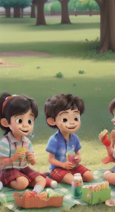  {Kids sitting around a picnic blanket, enjoying juice boxes and snacks., Children happily eating snacks, with crumbs on their faces and big smiles.