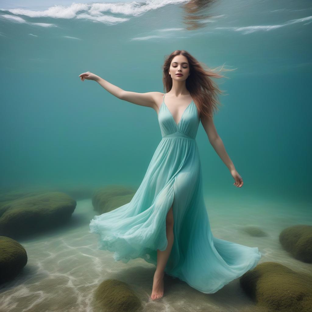  A beautiful tender girl, in a gently blue dress with green stains, her hair flutters, dances in sea penalties.Style art