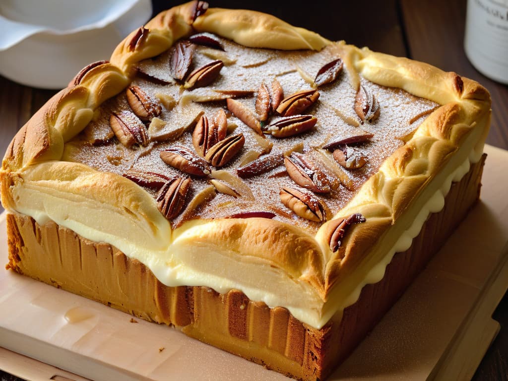  A closeup, ultradetailed image of a goldenbrown blondie fresh out of the oven, with a glistening top crust studded with chunks of rich, melted white chocolate and toasted pecans. The surface of the blondie is delicately cracked, showcasing its dense yet moist interior, emitting a tantalizing aroma of caramelized sugar and vanilla. Light streams in from the side, casting a soft, warm glow on the textured edges of the blondie, highlighting its rustic, homemade appearance. hyperrealistic, full body, detailed clothing, highly detailed, cinematic lighting, stunningly beautiful, intricate, sharp focus, f/1. 8, 85mm, (centered image composition), (professionally color graded), ((bright soft diffused light)), volumetric fog, trending on instagram, trending on tumblr, HDR 4K, 8K