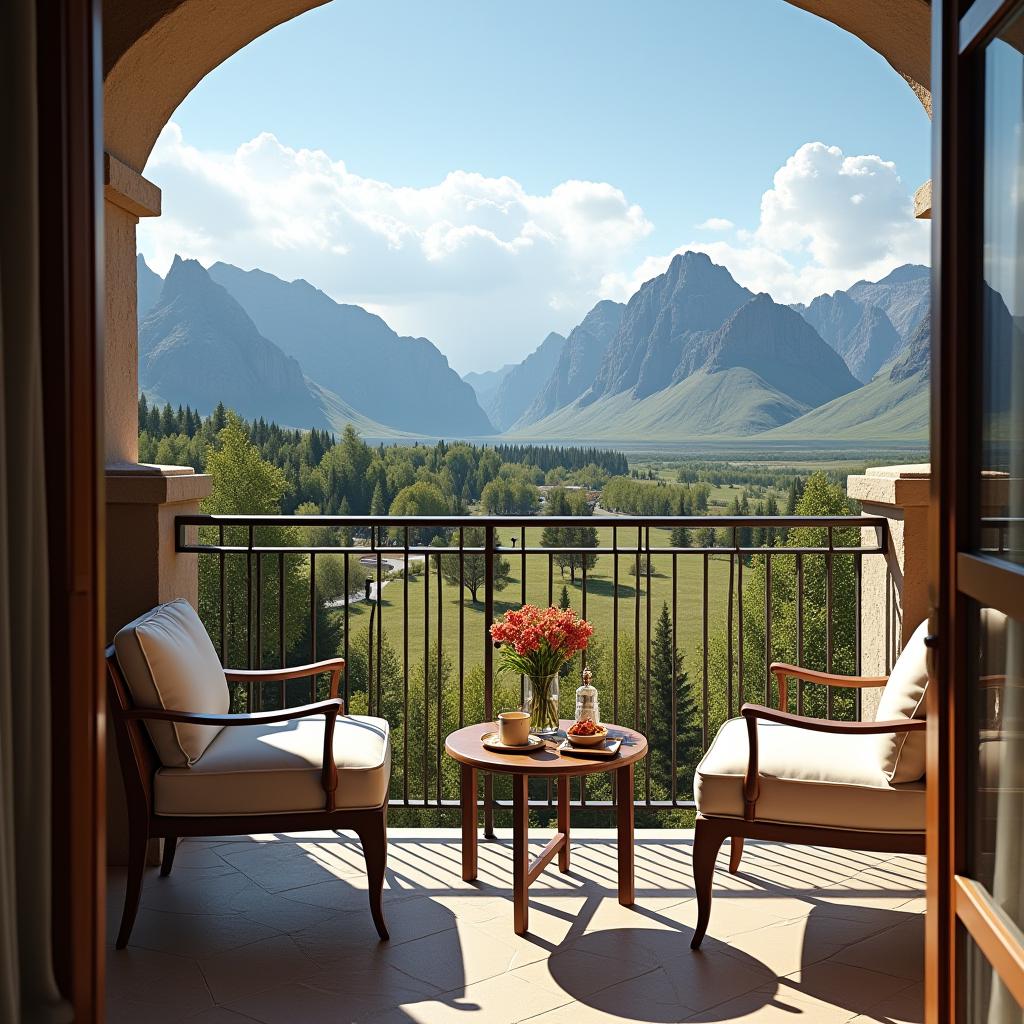  close up of a luxurious hotel balcony overlooking a stunning wyoming landscape. the balcony features elegant outdoor furniture with plush cushions, a small table set with a gourmet breakfast, and a vase of fresh flowers. the background showcases majestic mountains, lush greenery, and a clear blue sky. the image should have a warm, inviting atmosphere with natural sunlight casting soft shadows. use high quality, photorealistic style to emphasize the opulence and tranquility of the setting.ensure all images are clear, detailed, contains no text and no deformities. realistic, highly detailed, photorealistic, cinematic lighting, intricate, sharp focus, f/1.8, 85mm, (centered image composition), (professionally color graded), ((bright soft diffu