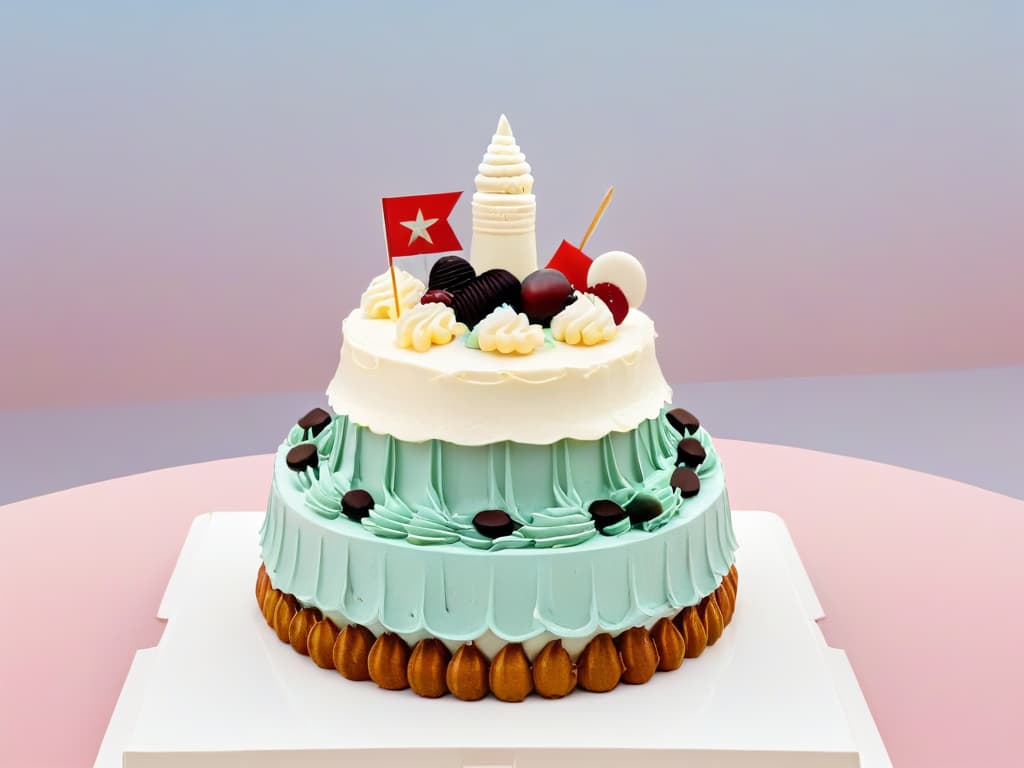  An intricate, minimalist illustration featuring a battlefield made entirely of various dessert items such as cupcakes, macarons, and slices of cake. The scene shows a strategic arrangement of these treats resembling soldiers in formation, with a towering layer cake in the center symbolizing a fortified castle. The background is a soft pastel color palette to keep the focus on the detailed dessert battlefield. hyperrealistic, full body, detailed clothing, highly detailed, cinematic lighting, stunningly beautiful, intricate, sharp focus, f/1. 8, 85mm, (centered image composition), (professionally color graded), ((bright soft diffused light)), volumetric fog, trending on instagram, trending on tumblr, HDR 4K, 8K