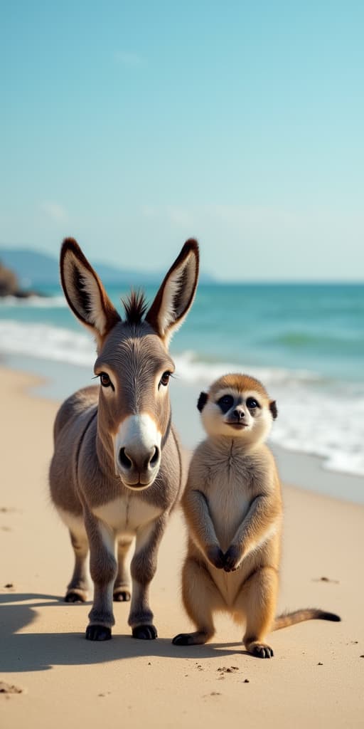  good quality, high quality, funny animals on a beach, donkey, monkey, meerkat.