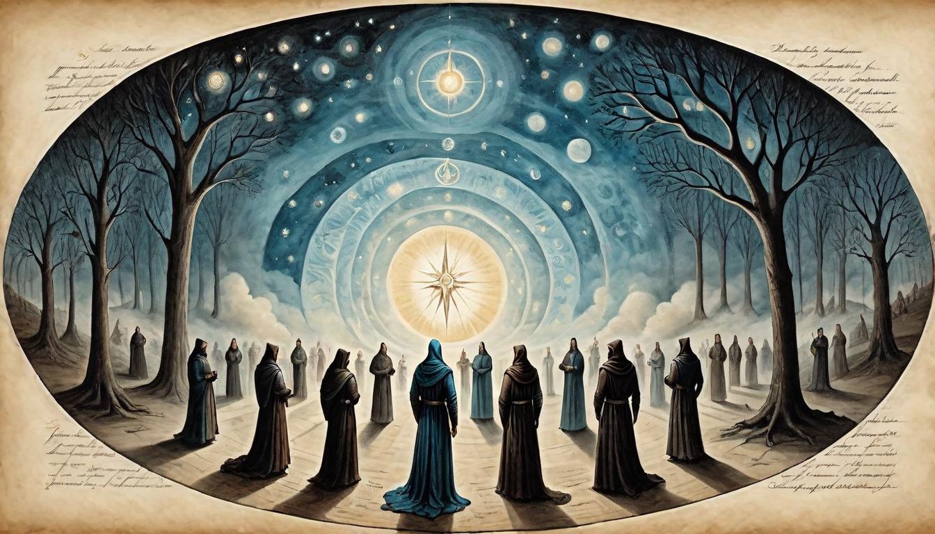  on parchment, surrealism+++, A gathering of diverse figures, each bearing a unique light, standing in a circle in the darkness, united in purpose, lights merge to form a brilliant canopy, symbol of empowerment and shared destiny, collective strength against the night, affirmation of chosen path, visually impactful(mysterious, provocative, symbolic,muted color)+++