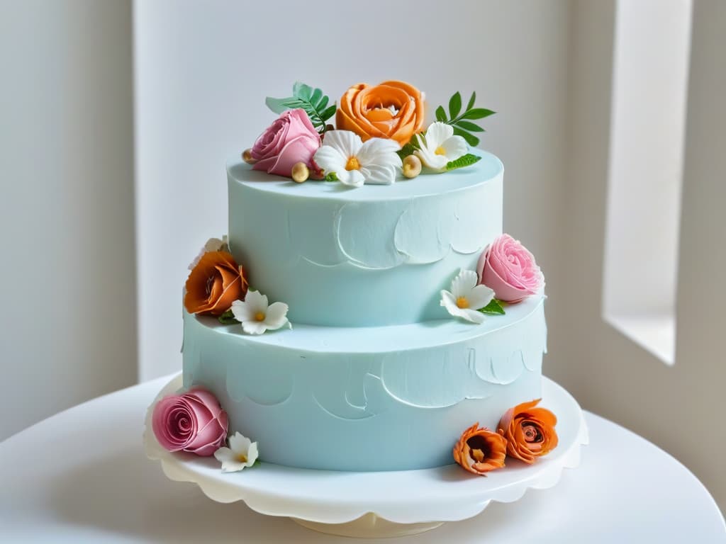  An ultradetailed image showcasing a beautifully decorated threetiered cake with intricate floral piping details in pastel colors. The cake is placed on a sleek, minimalist white marble cake stand, set against a soft, blurred background to highlight the precision and artistry of the confectionery work. hyperrealistic, full body, detailed clothing, highly detailed, cinematic lighting, stunningly beautiful, intricate, sharp focus, f/1. 8, 85mm, (centered image composition), (professionally color graded), ((bright soft diffused light)), volumetric fog, trending on instagram, trending on tumblr, HDR 4K, 8K