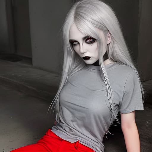  1girl, silver hair, green eyes, grey T-shirt, red saggy pants, Gothic makeup