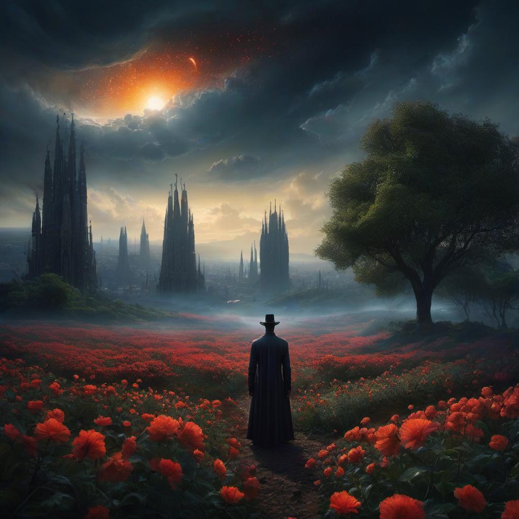  (stylized by Tomasz Alen Kopera:1.3) , dark art, dense flower field and Perseid meteor in background, landscape of a (Barcelona:1.2) , very Bizarre and 1600'S, Hurricane, Glitchcore, Amaro, layered textures, ornate, intricate artistic color, complimentary colors, very inspirational, atmosphere, fine artistic composition, sunny, theatrical hyperrealistic, full body, detailed clothing, highly detailed, cinematic lighting, stunningly beautiful, intricate, sharp focus, f/1. 8, 85mm, (centered image composition), (professionally color graded), ((bright soft diffused light)), volumetric fog, trending on instagram, trending on tumblr, HDR 4K, 8K