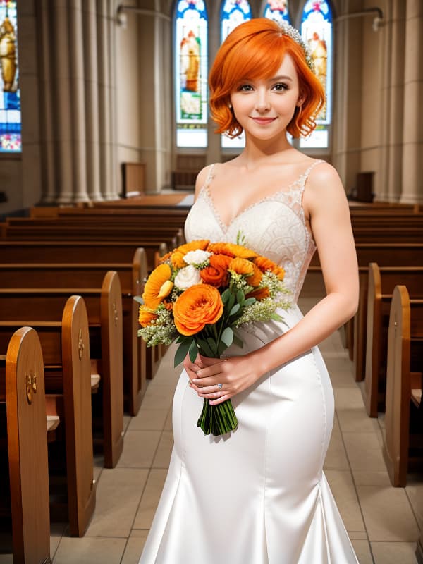  bride posing for picture, holding bouquet, short orange hair, full body, no dress, white, slight smile, large,, inside church, stained glass window, high-quality, high detail, high gloss