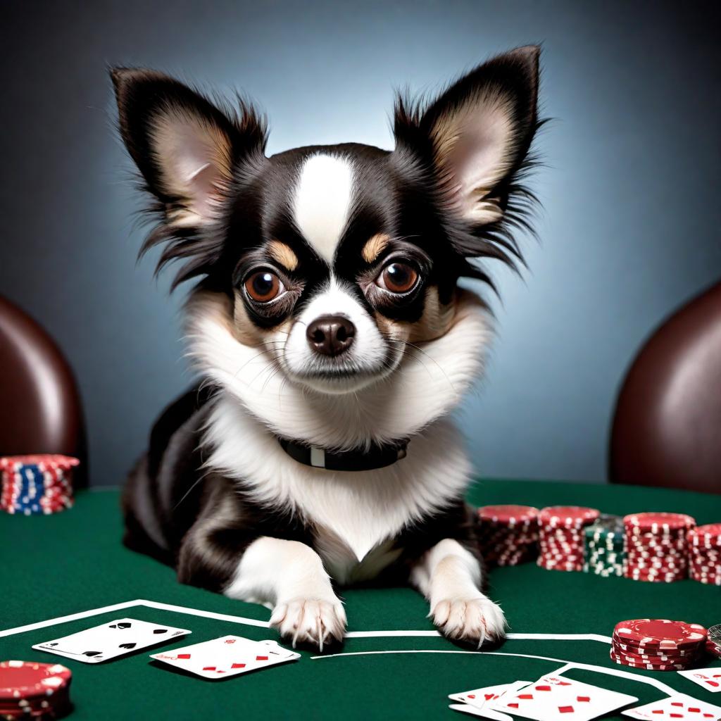  Create an image of a long-haired Chihuahua that is mostly black and white with a small amount of brown, sitting at a poker table playing cards. The dog should have a serious and focused expression, reminiscent of a poker player deeply concentrating on the game. The Chihuahua is holding playing cards in its paws and there should be poker chips and other relevant gambling items on the table. The environment should reflect a typical poker game atmosphere. hyperrealistic, full body, detailed clothing, highly detailed, cinematic lighting, stunningly beautiful, intricate, sharp focus, f/1. 8, 85mm, (centered image composition), (professionally color graded), ((bright soft diffused light)), volumetric fog, trending on instagram, trending on tumblr, HDR 4K, 8K