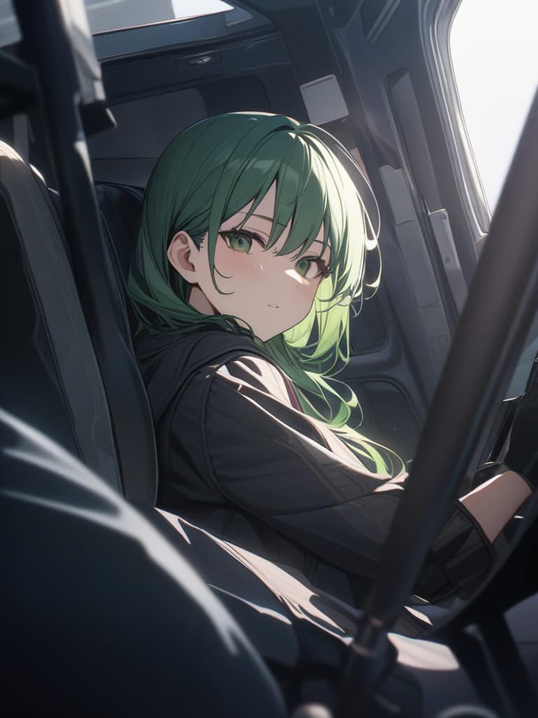  Motorcycle green hair character, masterpiece, best quality,8k,ultra detailed,high resolution,an extremely delicate and beautiful,hyper detail