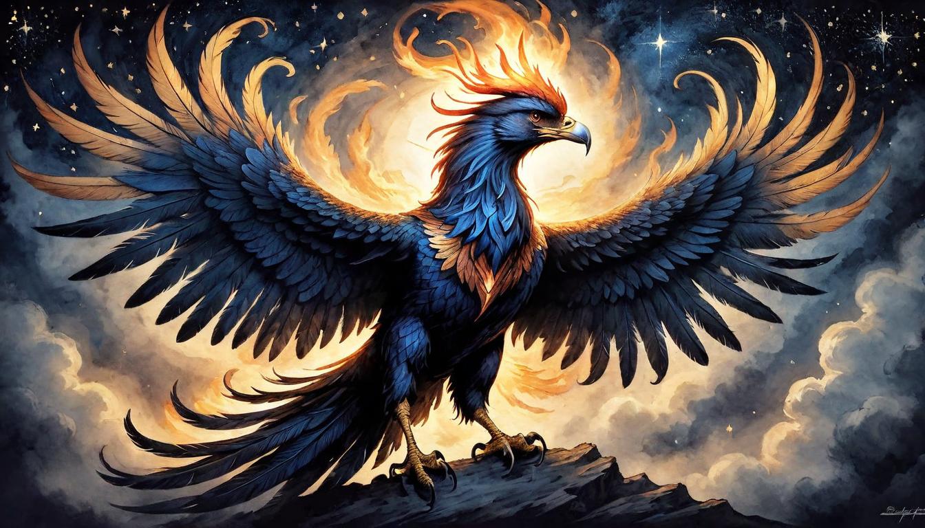  on parchment, surrealism+++, A majestic phoenix rises from the ashes, embodying the spirit of rebirth and inspiration, feathers glowing as if lit by an inner flame, silhouette framed against a dark, starry sky, rebirth, inspiration, invigoration(mysterious, provocative, symbolic,muted color)+++