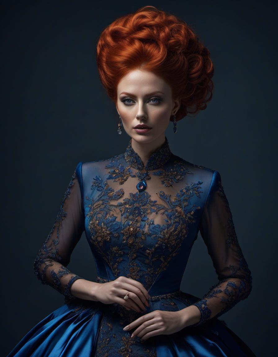  hyperrealistic art A striking digital artwork of a woman with voluminous red hair in an ornate blue dress, posing elegantly against a dark background. . extremely high resolution details, photographic, realism pushed to extreme, fine texture, incredibly lifelike hyperrealistic, full body, detailed clothing, highly detailed, cinematic lighting, stunningly beautiful, intricate, sharp focus, f/1. 8, 85mm, (centered image composition), (professionally color graded), ((bright soft diffused light)), volumetric fog, trending on instagram, trending on tumblr, HDR 4K, 8K