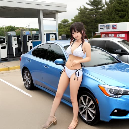  Japanese bikini gal washing her car at a gas station