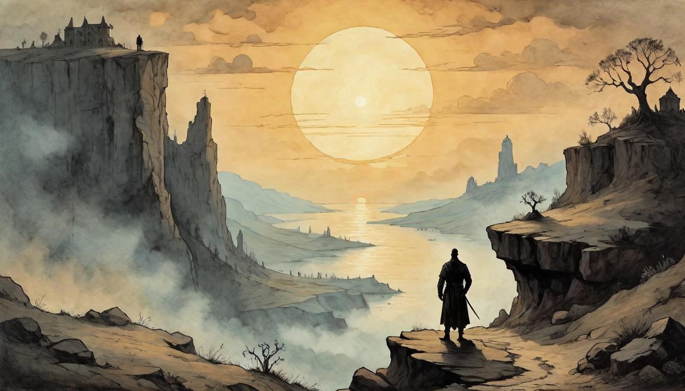  on parchment, surrealism+++, A lone figure at dawn, silhouette against the rising sun, looking forward from a rugged cliff, pause before the journey, anticipation of trials, dawn of realization, metaphoric sunrise illuminating potential paths.(mysterious, provocative, symbolic,muted color)+++