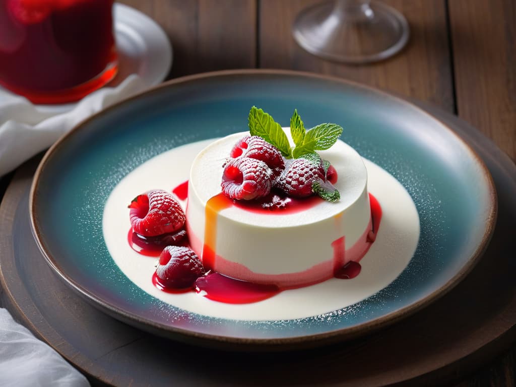  A photorealistic closeup image of a perfectly set Panna Cotta topped with a glossy, vibrant raspberry coulis. The dessert is elegantly presented on a white porcelain plate, garnished with a fresh mint leaf and a few plump raspberries. The texture of the creamy Panna Cotta is smooth and velvety, with a slight jiggle, while the coulis drizzles down the sides creating a mouthwatering visual contrast. The image captures the richness of the dessert and the freshness of the raspberry coulis in exquisite detail, making viewers crave a taste of this delectable treat. hyperrealistic, full body, detailed clothing, highly detailed, cinematic lighting, stunningly beautiful, intricate, sharp focus, f/1. 8, 85mm, (centered image composition), (professionally color graded), ((bright soft diffused light)), volumetric fog, trending on instagram, trending on tumblr, HDR 4K, 8K