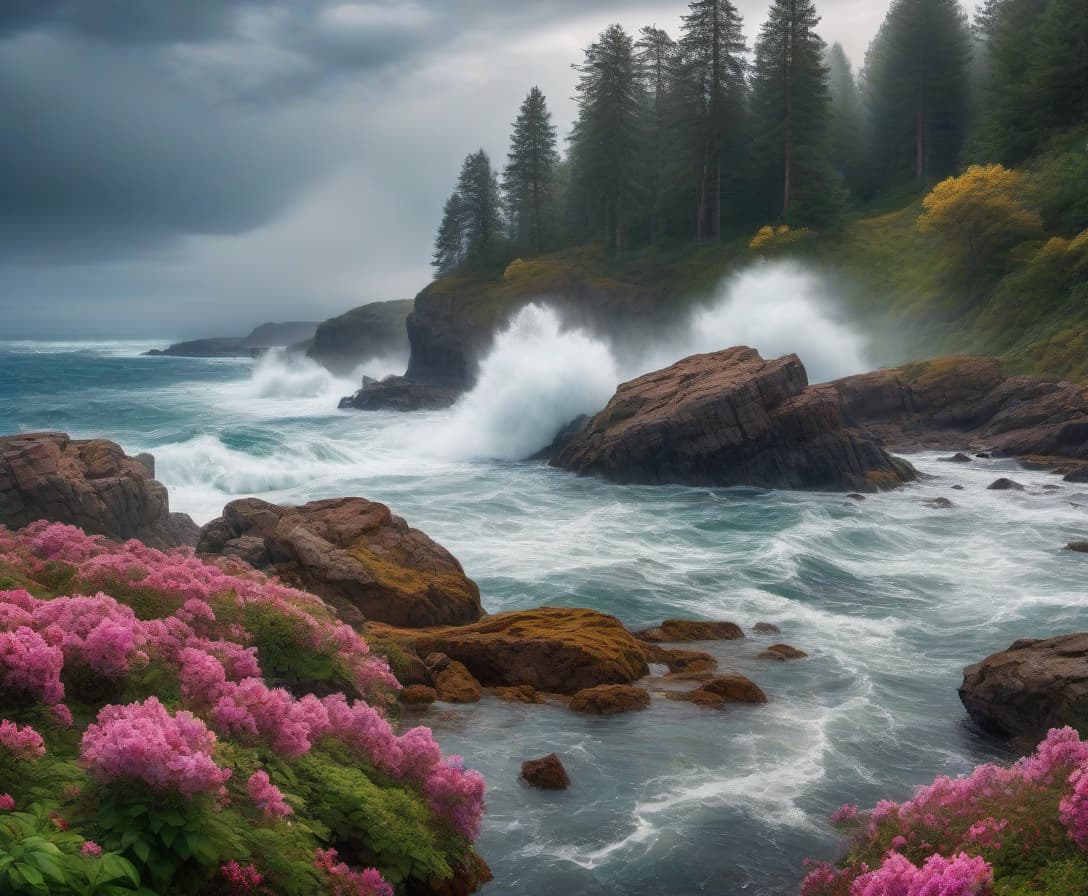  HDR photo of Magnificent seascape. Evening, raging sea, huge waves beating on the rocky shore covered with coniferous forest, thunderstorm, rain, flowers, spectacular colour, photorealism, hyper detalisation, dispersion, shimmer, 3D effect,16k, surrealism, meticulous detailing, volumetric layered watercolour, dark botanical, realistic, horror, vintage, UltraHD, HDR. A work of art in the style of Ruben . High dynamic range, vivid, rich details, clear shadows and highlights, realistic, intense, enhanced contrast, highly detailed hyperrealistic, full body, detailed clothing, highly detailed, cinematic lighting, stunningly beautiful, intricate, sharp focus, f/1. 8, 85mm, (centered image composition), (professionally color graded), ((bright soft diffused light)), volumetric fog, trending on instagram, trending on tumblr, HDR 4K, 8K