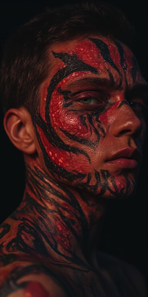  good quality, high quality, a surreal portrait of a man with a face covered in tattoos and a mystical spiral red galaxy eye demon mirrored, surrealist style, fantastical, magical, unexpected, super detail, dreamy lo fi photography, colorful, long exposure lighting, spotlight