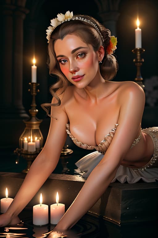  detailed and realistic portrait of rococo , Madame de Pompadour by Francois Boucher, naked ,Raise her barefeet，lying on water ，Cathédrale Notre Dame de Paris ,candles lighting, portrait photography,rococo’s photography, soft moon lighting, photo realism, ultra detailed, flowers in background, Leica 50mm, f1. 4 hyperrealistic, full body, detailed clothing, highly detailed, cinematic lighting, stunningly beautiful, intricate, sharp focus, f/1. 8, 85mm, (centered image composition), (professionally color graded), ((bright soft diffused light)), volumetric fog, trending on instagram, trending on tumblr, HDR 4K, 8K