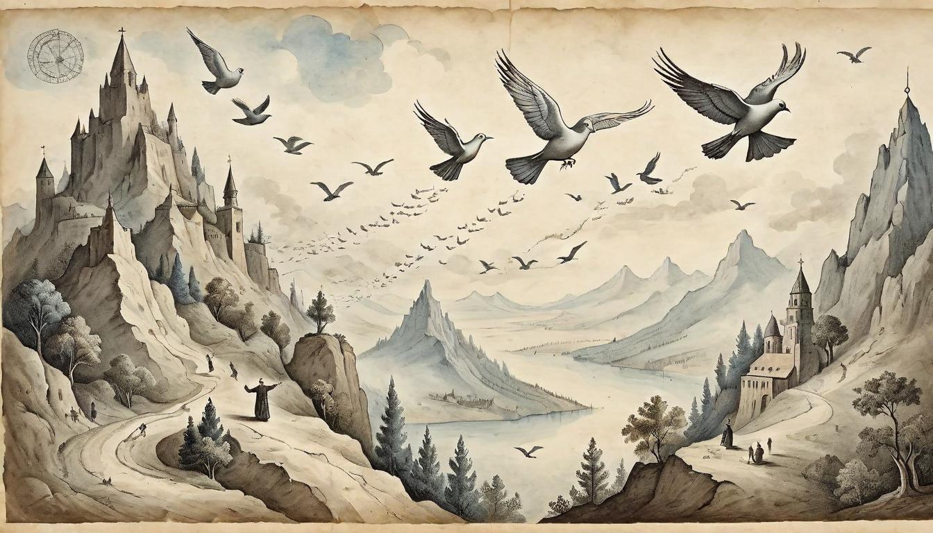  on parchment, surrealism+++, A figure releasing doves into the sky from atop a mountain, freedom of information, network of connections symbolized by birds in flight, expansive view, liberation and unity(mysterious, provocative, symbolic,muted color)+++