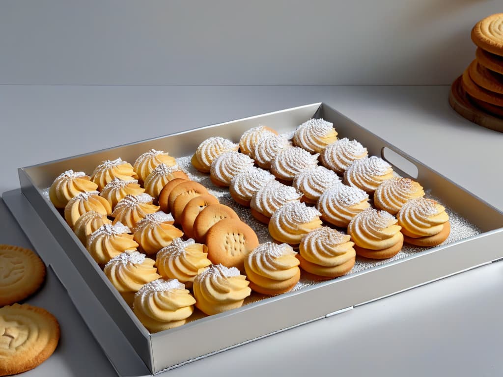  An 8k ultradetailed image of a sleek and modern aluminum baking tray, perfectly lined with neatly arranged rows of goldenbrown cookies, each one delicately sprinkled with powdered sugar. The light reflects off the tray, emphasizing its smooth surface and sturdy build, while the cookies exude a freshly baked aroma, inviting the viewer to reach out and take a bite. The minimalistic composition highlights the elegance and functionality of the aluminum baking tray, embodying the essence of professional and inspiring baking experiences. hyperrealistic, full body, detailed clothing, highly detailed, cinematic lighting, stunningly beautiful, intricate, sharp focus, f/1. 8, 85mm, (centered image composition), (professionally color graded), ((bright soft diffused light)), volumetric fog, trending on instagram, trending on tumblr, HDR 4K, 8K