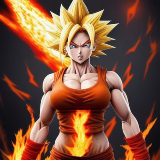  Female super sayan, red goku kostüm. Perfekt body. Sayan hair, fire eyes, fire hands, dead planet burn. 4k