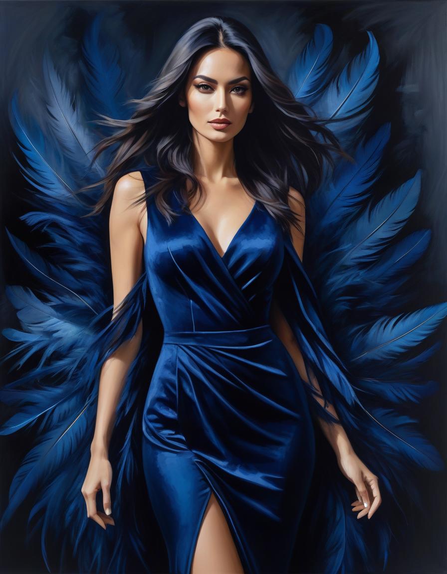  abstract expressionist painting Portrait of a beautiful girl in a dark blue velvet Lorrain dress, on beautiful hair adorned with soft feathers of dark blue colour . energetic brushwork, bold colors, abstract forms, expressive, emotional hyperrealistic, full body, detailed clothing, highly detailed, cinematic lighting, stunningly beautiful, intricate, sharp focus, f/1. 8, 85mm, (centered image composition), (professionally color graded), ((bright soft diffused light)), volumetric fog, trending on instagram, trending on tumblr, HDR 4K, 8K