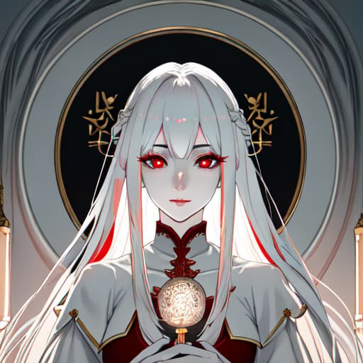  a girl manhua character with white hair and red eyes with white skin wearing noble dress and siting on the throne hyperrealistic, full body, detailed clothing, highly detailed, cinematic lighting, stunningly beautiful, intricate, sharp focus, f/1. 8, 85mm, (centered image composition), (professionally color graded), ((bright soft diffused light)), volumetric fog, trending on instagram, trending on tumblr, HDR 4K, 8K