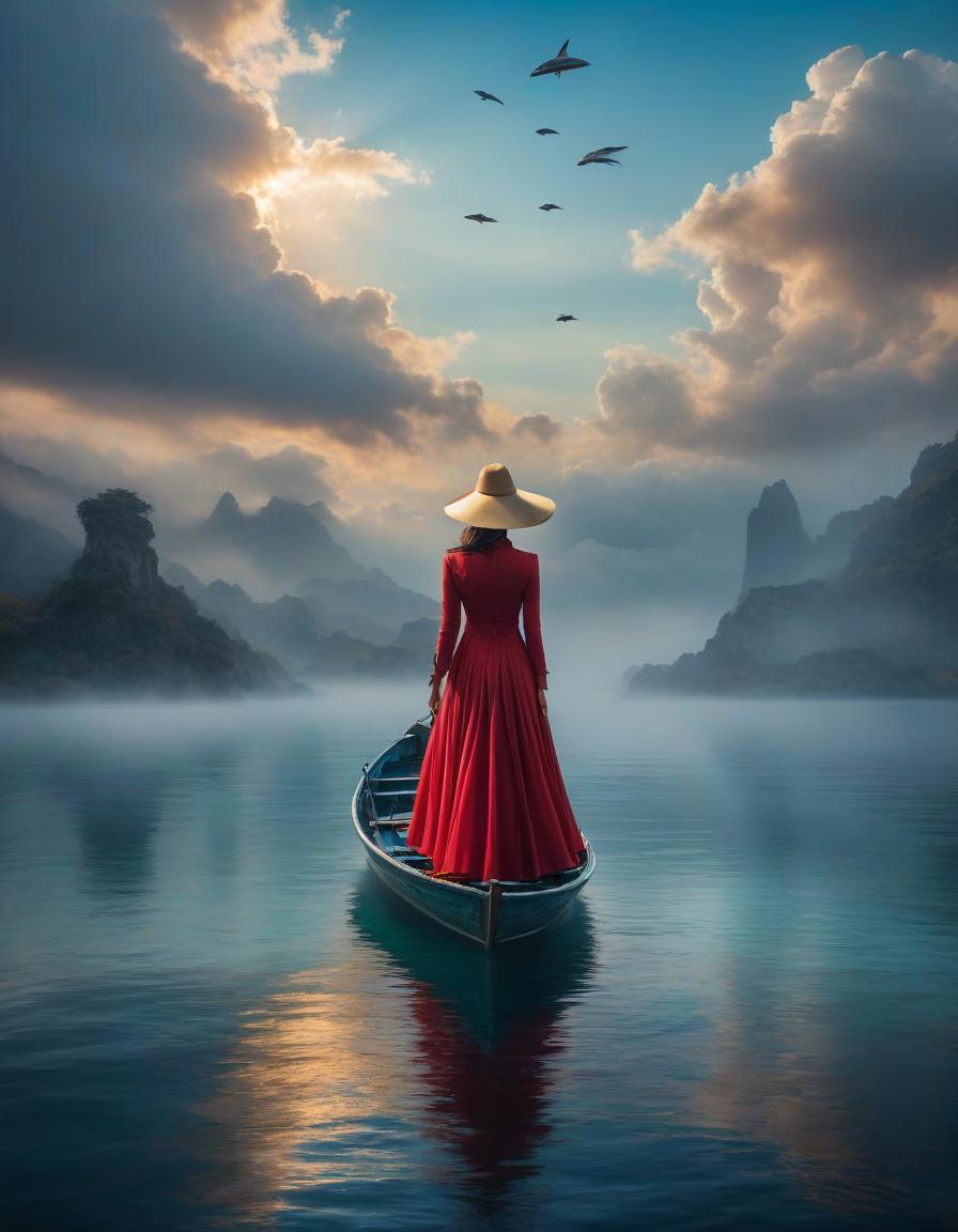  masterpiece, surreal acrylic painting, Bright colored sky with golden clouds with small beautiful flying fish flying in the air, a woman stands in a boat on a beautiful blue sea wearing a hat and a red dress, in the style of Rene Margrethe and the fantasy of Salvador Dali. hyperrealistic, full body, detailed clothing, highly detailed, cinematic lighting, stunningly beautiful, intricate, sharp focus, f/1. 8, 85mm, (centered image composition), (professionally color graded), ((bright soft diffused light)), volumetric fog, trending on instagram, trending on tumblr, HDR 4K, 8K