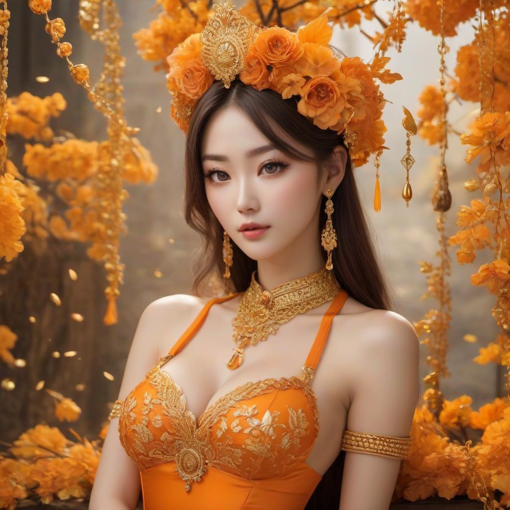  A cartoon girl in an orange costume with gold jewelry, in the style of miho hirano, light yellow and dark brown, close up, traditional costumes, childlike simplicity, comic art, tondo hyperrealistic, full body, detailed clothing, highly detailed, cinematic lighting, stunningly beautiful, intricate, sharp focus, f/1. 8, 85mm, (centered image composition), (professionally color graded), ((bright soft diffused light)), volumetric fog, trending on instagram, trending on tumblr, HDR 4K, 8K