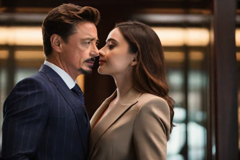 cinematic shot of a powerful couple. man: young tony stark, marvel cinematic universe, human, powerful, happy, smart, optimistic, brave, confident, main character, wearing an expensive suit and woman: young woman, brunette hair, brown eyes, she has a scar on the right cheek, confident, powerful, badass, happy, main character, wearing a feminine suit. man and woman posing together at the stage. mysterious ambiance, fog, cool-toned, dark cyan, radiant purple, and gold flecks, photographed by elsa bleda --s 700, cute, hyper detail, full HD hyperrealistic, full body, detailed clothing, highly detailed, cinematic lighting, stunningly beautiful, intricate, sharp focus, f/1. 8, 85mm, (centered image composition), (professionally color graded), ((bright soft diffused light)), volumetric fog, trending on instagram, trending on tumblr, HDR 4K, 8K