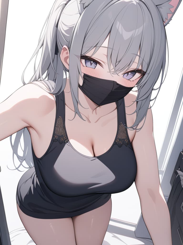  Cat ear knit hat, gray hair, bangs weight, long hair, chin mask, tank top, dabo dabo jacket, masterpiece, best quality,8k,ultra detailed,high resolution,an extremely delicate and beautiful,hyper detail