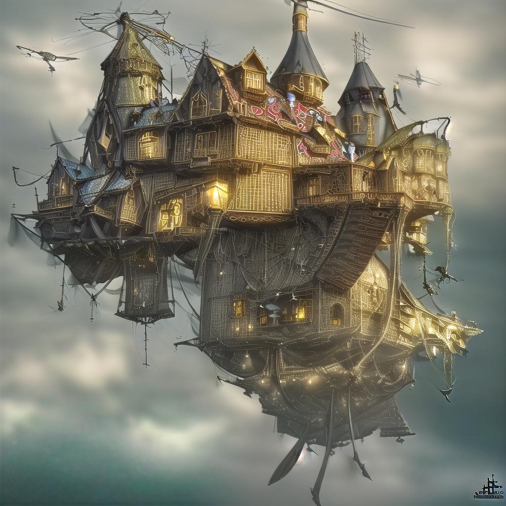  Photorealistic flying house, many details, Ultra detailed, octane render, by Alexander Jansson